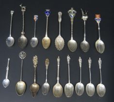 A collection of sixteen assorted continental and other silver souvenir and coffee spoons, total