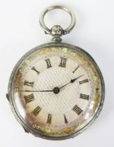 A Silver cased Open Dial Key Wound Fob Watch with chased decoration, 38.2mm case. Needs attention