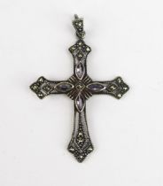 A Silver, Marcasite and Amethyst Cross Pendant, 50mm drop, 4.1g