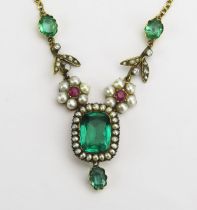 A 19th Century 15ct Gold, Ruby, Diamond, Pearl or Cultured Pearl and Foil Backed Green Paste