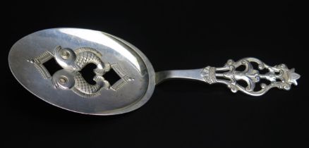 A Norwegian silver serving slice, stamped marks 830S, maker Magnus Aase, the pierced blade with