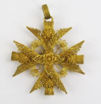 A Large Georgian Precious Yellow Metal Filigree Maltese Cross Pendant with thistle decoration, 65.