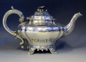 A William IV silver teapot, maker Joseph Angell I & John Angell I, London, 1833, crested, of squat