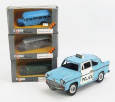 3 Corgi Classics Bedford Coaches and larger model of Ford Anglia Police Car