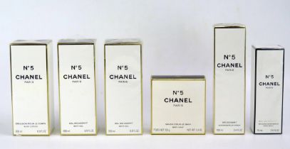A collection of Chanel No 5 toiletries includes, bath gel, deodorant, body lotion, bath soap and eau
