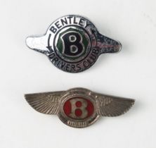 A chrome Bentley Drivers Club lapel badge and a silver winged B Bentley lapel badge (2).
