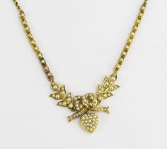 A Victorian Precious Yellow Metal, Pearl or Cultured Pearl and Diamond Necklace with foliate