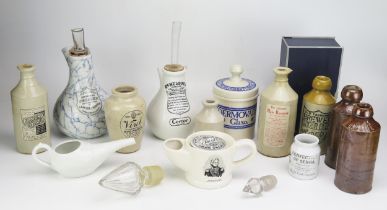 A collection of assorted inhalers, shaving mug, invalid's cup, stoneware bottles etc.