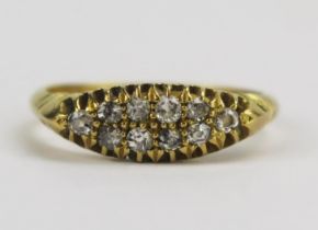 An 18ct Gold and Old Cut Diamond Ten Stone Double Row Ring, hallmarked, size P.5, early 20th