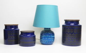 Aldo Londi Bitossi pottery table lamp in Rimini blue with incised geometrical banded decoration,