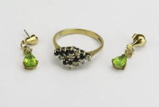A Pair of 9ct Gold CZ and Blue Stone Ring (hallmarked, size P, 2.42g) and a pair of Peridot