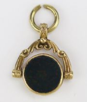 A 9ct Gold, Bloodstone and Carnelian Swivel Fob, 21.16mm wide, hallmarked, 5.32g