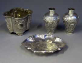 Two Chinese silver miniature vases of ovoid form, 4.5cm high, a miniature jardinière, and a