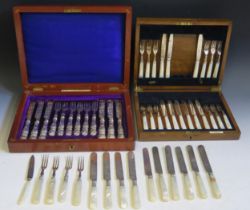 A case of silver plated and mother-of-pearl handled fruit knives and forks, other mother-of-pearl
