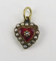 A 19th Century Enamel and Pearl or Cultured Pearl Heart Shaped Pendant in a precious yellow metal