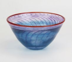 Kosta Boda "BonBon range" bowl designed by Kjell Engman, red rim, purple whips descending into a sea