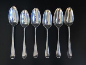 Six assorted silver Hanoverian pattern tablespoons, various makers and dates, all initialled,