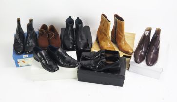 Various Leather Boots and Shoes including Sovereign, Burton, Trickers, mostly size 7, boxed (some