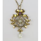 A 9ct Gold, Opal, Pink Stone and Pearl or Cultured Pearl Pendant with an acorn shaped suspended