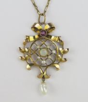 A 9ct Gold, Opal, Pink Stone and Pearl or Cultured Pearl Pendant with an acorn shaped suspended