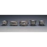 Five assorted silver salts, various makers and dates, total weight of silver 172gms, 5.55ozs