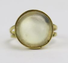 An 18ct Gold and Moonstone Split Shank Ring, 12.85 mm cabochon stone, stamped 750, size M, 3.8g