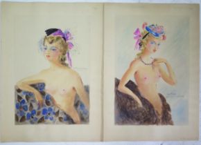 Luc Olivier Lesieur (C20th Artist), Two watercolours of nude females, 'Le Collier de perles' and '