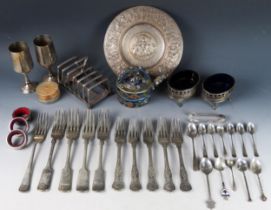A collection of plated wares including salver, salts, toast rack, flatwares, and a Chinese cloisonné