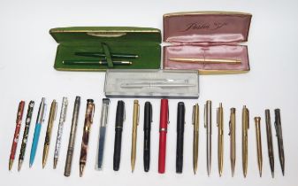 A collection of assorted fountain pens and pencils includes a rolled gold Yard-o-led pencil,