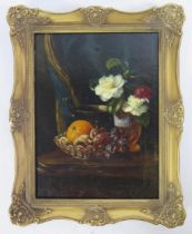 C19th Continental School, Still Life with fruits and flowers, oil on canvas, 39 x 30cm, gilt frame