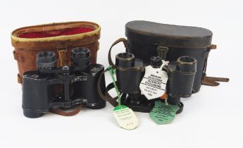 A pair of Omega 8 x 30 field glasses in leather case, together with another pair of field glasses.