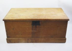 A 19th century stripped pine blanket box, with rectangular hinged lid, plain sides on a plinth base,