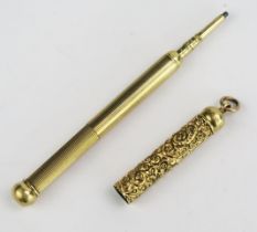 A W.S. Hicks of New York Gilt Metal Telescopic Fob Pencil with embossed scrolling decoration
