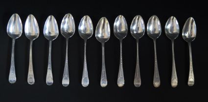 A set of six George III Old English pattern teaspoons, makers mark worn, London, 1788, with bright