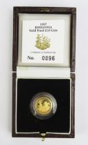 A Royal Mint 1997 1/10oz Britannia £10 Gold Proof Coin, 3.412g 99.9%. Boxed with COA No. 0896