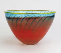 Kosta Boda "BonBon range" bowl designed by Kjell Engman in 1989, yellow rim, turquoise whips