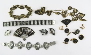 A Japanese Shakudo Necklace, bracelet, butterfly brooch, fan brooch, pair of screw back earrings,