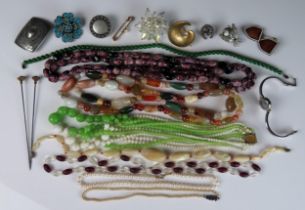 A Polished Agate Bead Necklace, silver Isle of Mann brooch, hat pins, enamel buckle, watch and