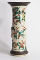 A Cantonese crackle glaze sleeve vase, decorated with mounted warriors and foot soldiers, with