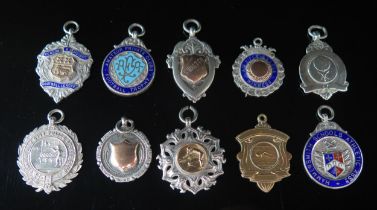 Nine assorted silver fobs and medallions, various makers and dates, and a metal example, total