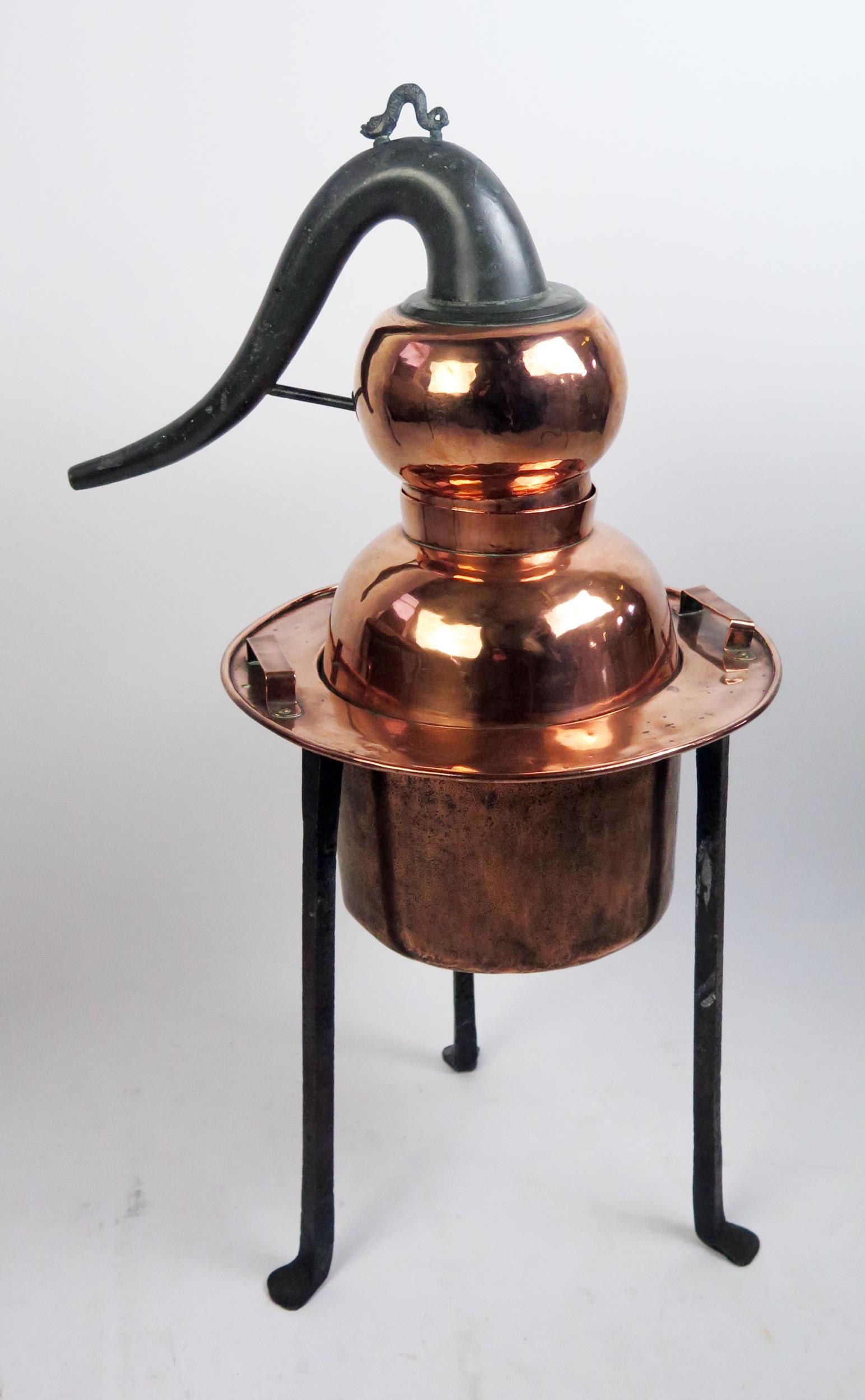 A 19th century French polished copper still, with swept metal spout, with cylindrical reservoir, - Image 2 of 4