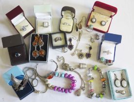 A Collection of Silver and other Jewellery including a Pandora charm bracelet, silver rings