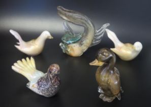 Five assorted Murano glass bird, and fish ornaments, various sizes. (5).