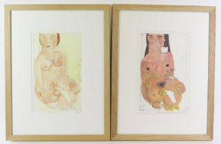 A pair of Twentieth Century etchings and mixed media in the style of Egon Schiele, titled 'A time