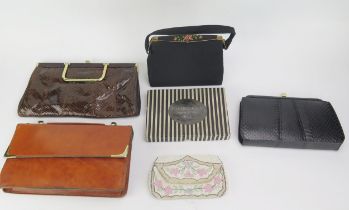 A collection of four assorted ladies handbags, two in simulated snakeskin, together with a bead