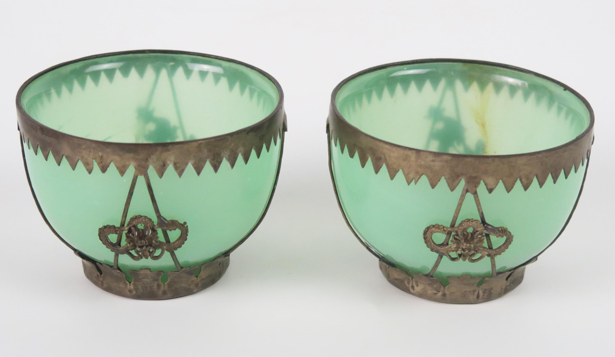 A pair of green glass bowls with white metal mounts, 7cm diameter. - Image 2 of 3