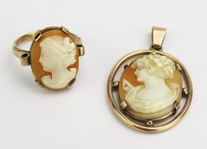 A .333 Gold Shell Cameo Ring and Pendant, ring size P.5, 43.4mm drop on pendant, 13.25g