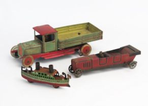 Early Tinplate Trio Including elongated touring car penny toy (possibly by George Fischer),