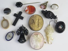 A Selection of 19th Century Jewellery including a lava cameo brooch decorated with the bust of a