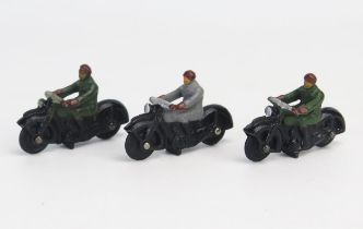 Dinky 37a Civilian Motorcycle trio, all black with solid black rubber wheels, x2 with green